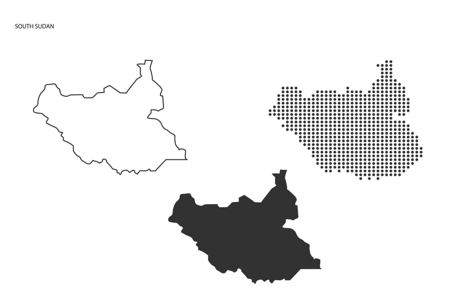 3 versies van zuiden Soedan kaart stad vector door dun zwart schets eenvoud stijl, zwart punt stijl en donker schaduw stijl. allemaal in de wit achtergrond.