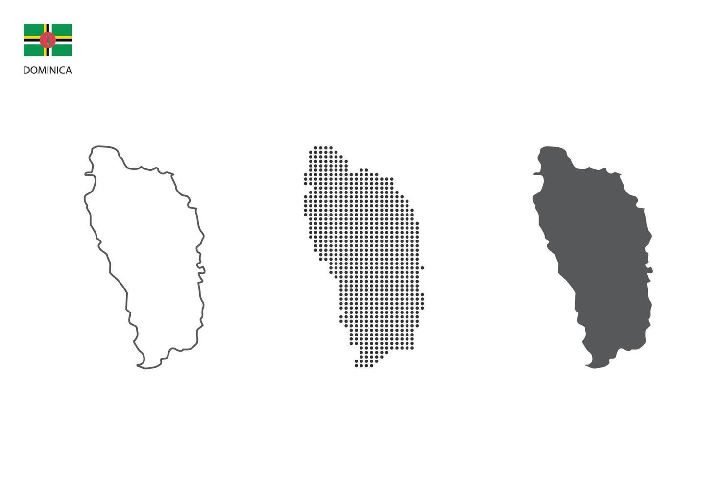 3 versies van dominica kaart stad vector door dun zwart schets eenvoud stijl, zwart punt stijl en donker schaduw stijl. allemaal in de wit achtergrond.