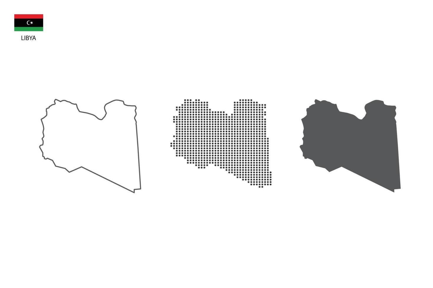 3 versies van Libië kaart stad vector door dun zwart schets eenvoud stijl, zwart punt stijl en donker schaduw stijl. allemaal in de wit achtergrond.
