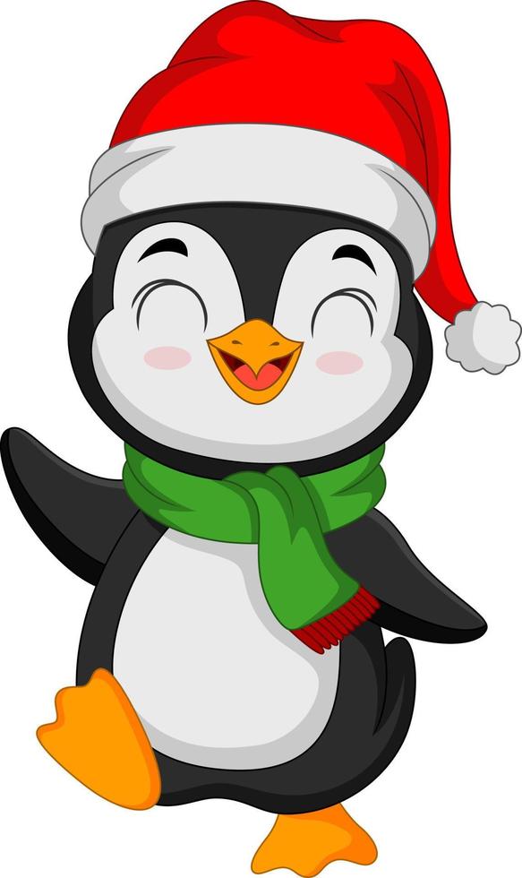 schattig pinguïn vervelend de kerstman hoed en sjaal vector