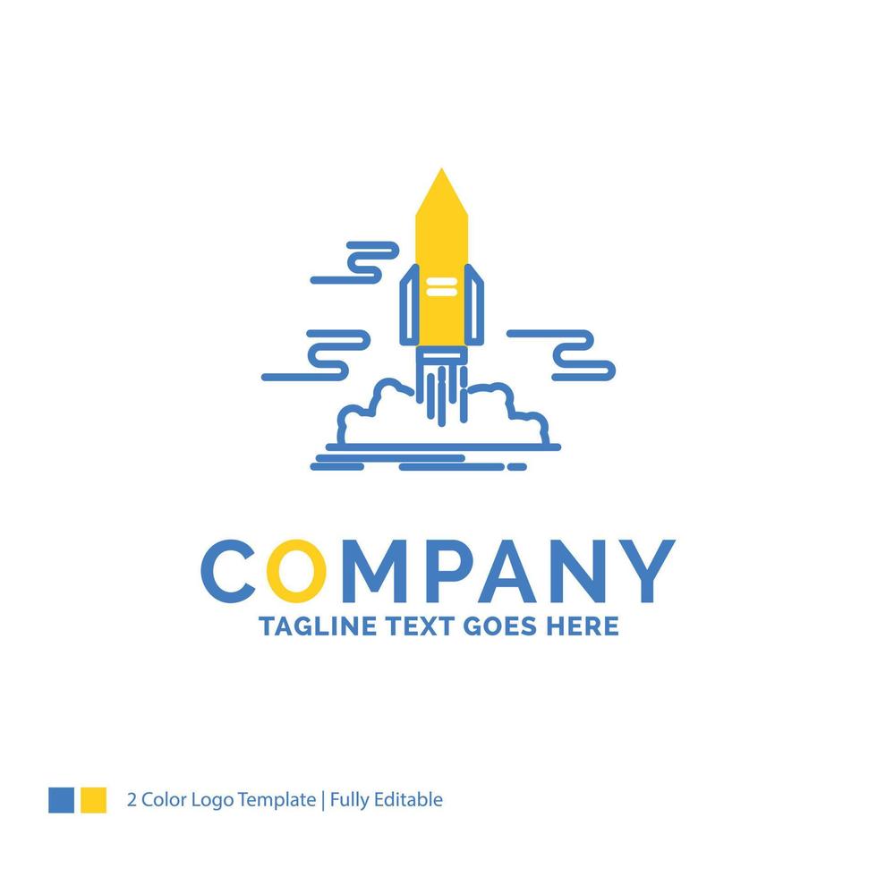 launch. publiceren. app. shuttle. ruimte blauw geel bedrijf logo sjabloon. creatief ontwerp sjabloon plaats voor slogan. vector