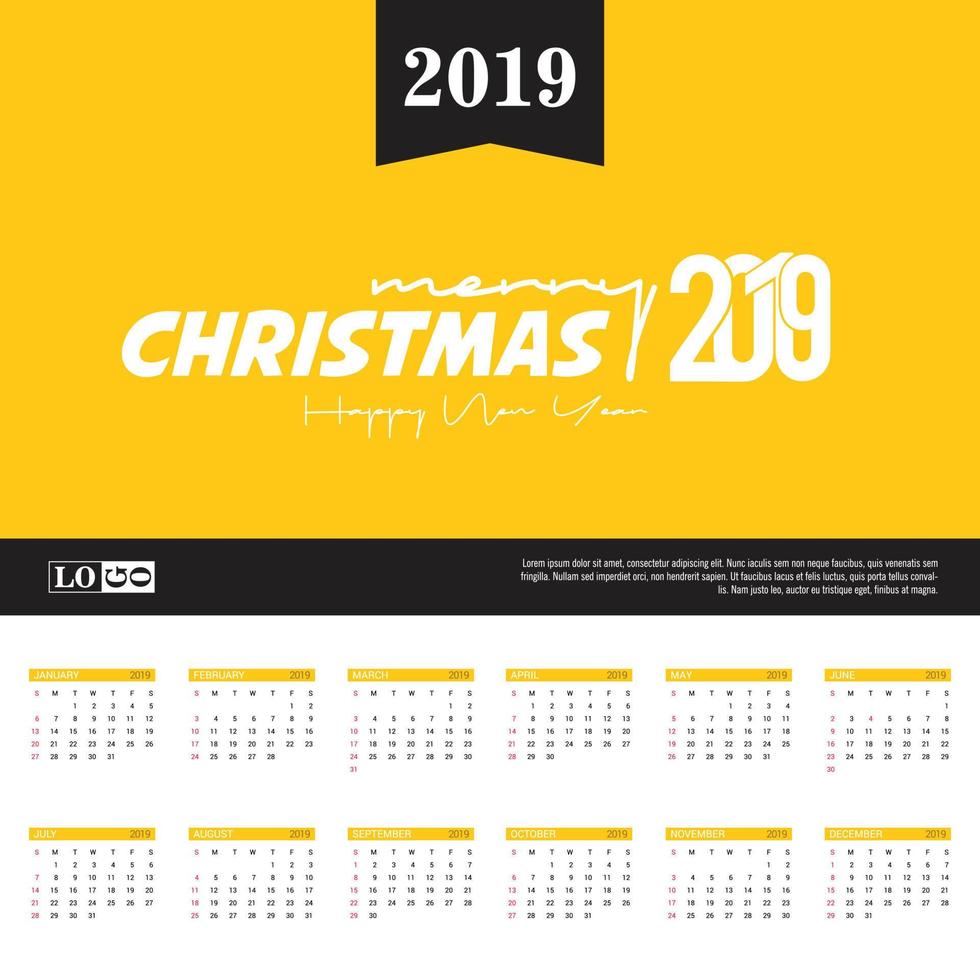 2019 kalender sjabloon. Kerstmis en gelukkig nieuw jaar achtergrond vector