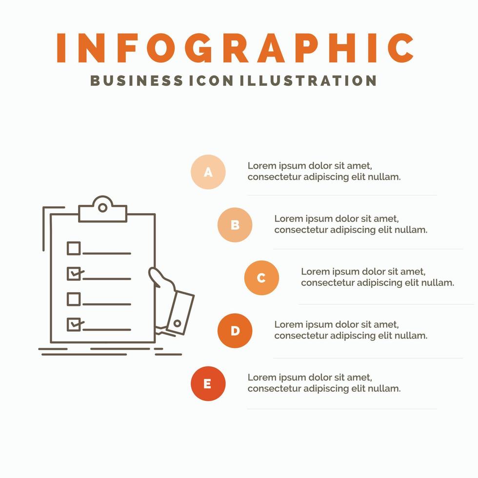 controlelijst. controleren. expertise. lijst. klembord infographics sjabloon voor website en presentatie. lijn grijs icoon met oranje infographic stijl vector illustratie