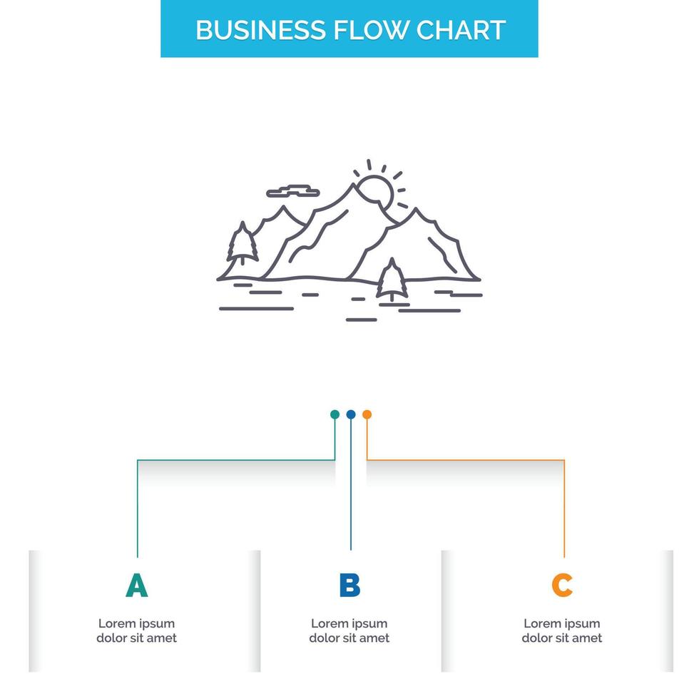 berg. heuvel. landschap. natuur. boom bedrijf stromen tabel ontwerp met 3 stappen. lijn icoon voor presentatie achtergrond sjabloon plaats voor tekst vector