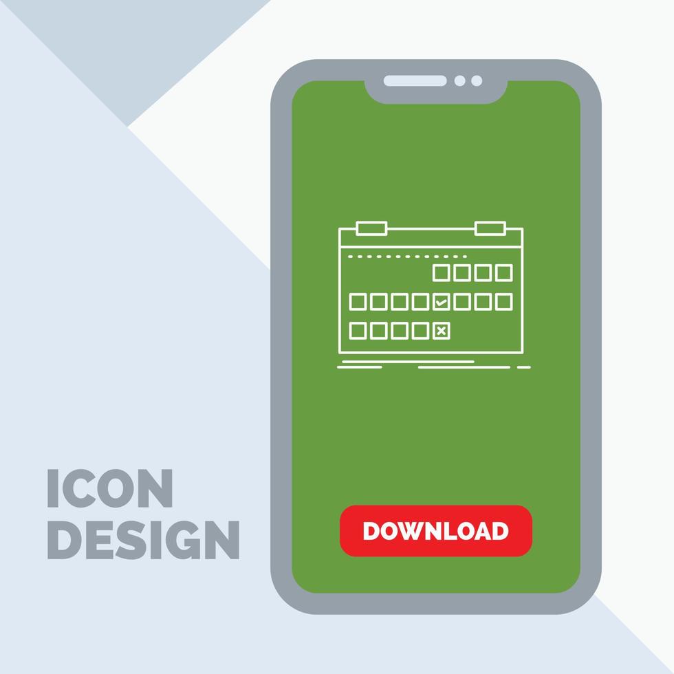 kalender. datum. evenement. laat los. schema lijn icoon in mobiel voor downloaden bladzijde vector