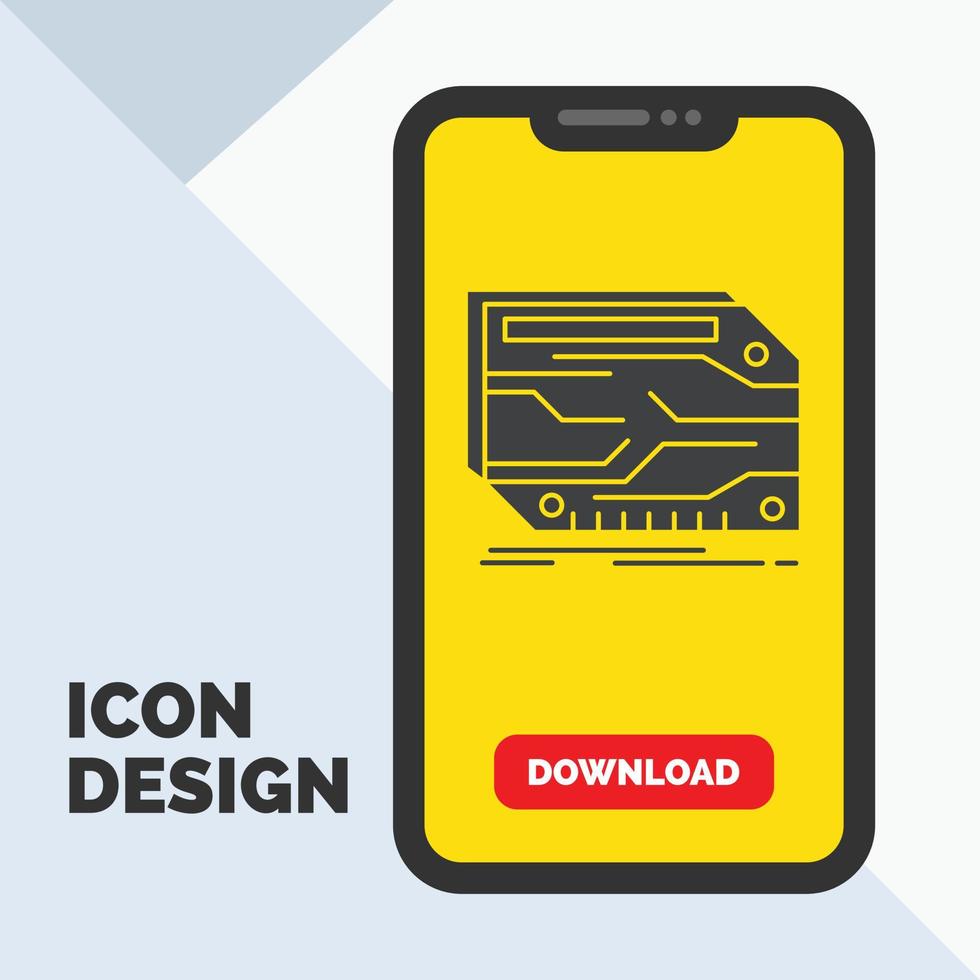 kaart. onderdeel. Op maat. elektronisch. geheugen glyph icoon in mobiel voor downloaden bladzijde. geel achtergrond vector