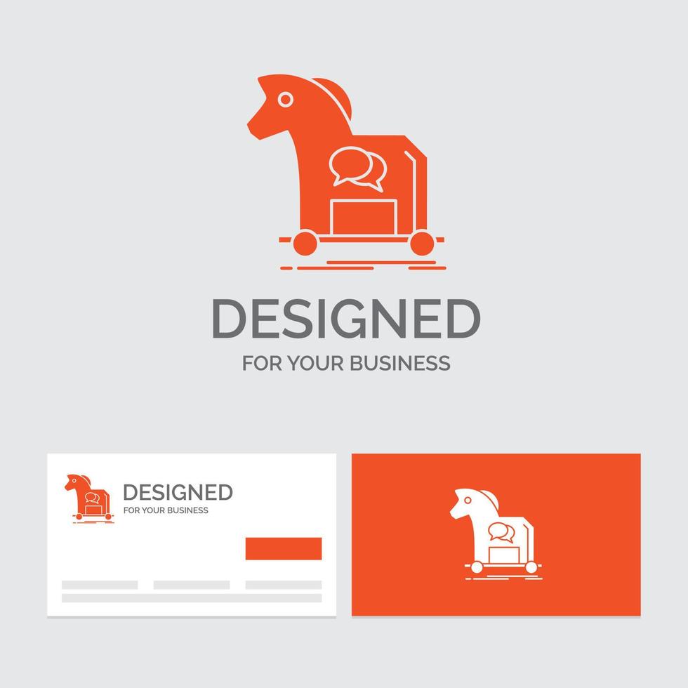 bedrijf logo sjabloon voor cybercriminaliteit. paard. internetten. trojaans. virus. oranje bezoekende kaarten met merk logo sjabloon. vector