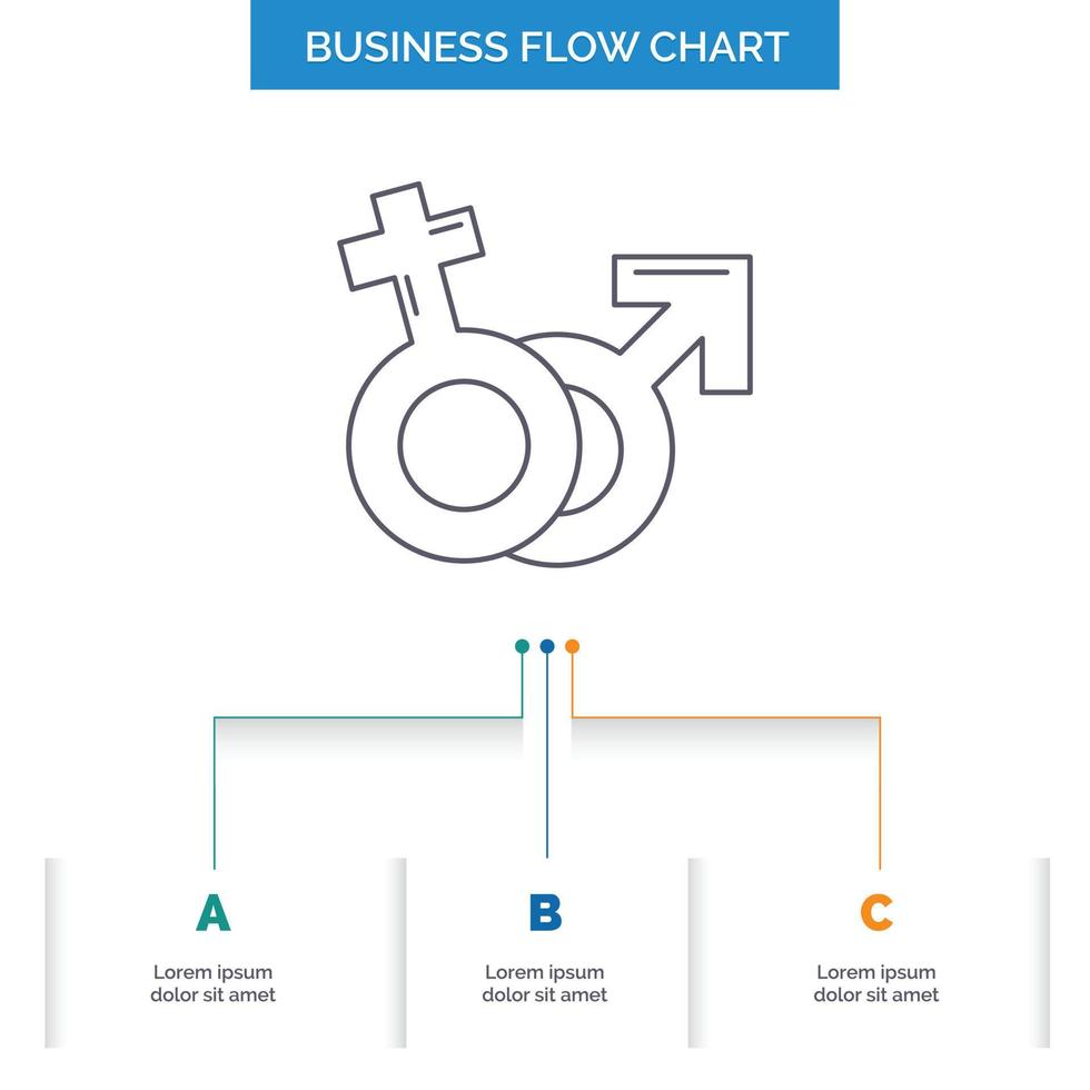 geslacht. Venus. Mars. mannetje. vrouw bedrijf stromen tabel ontwerp met 3 stappen. lijn icoon voor presentatie achtergrond sjabloon plaats voor tekst vector
