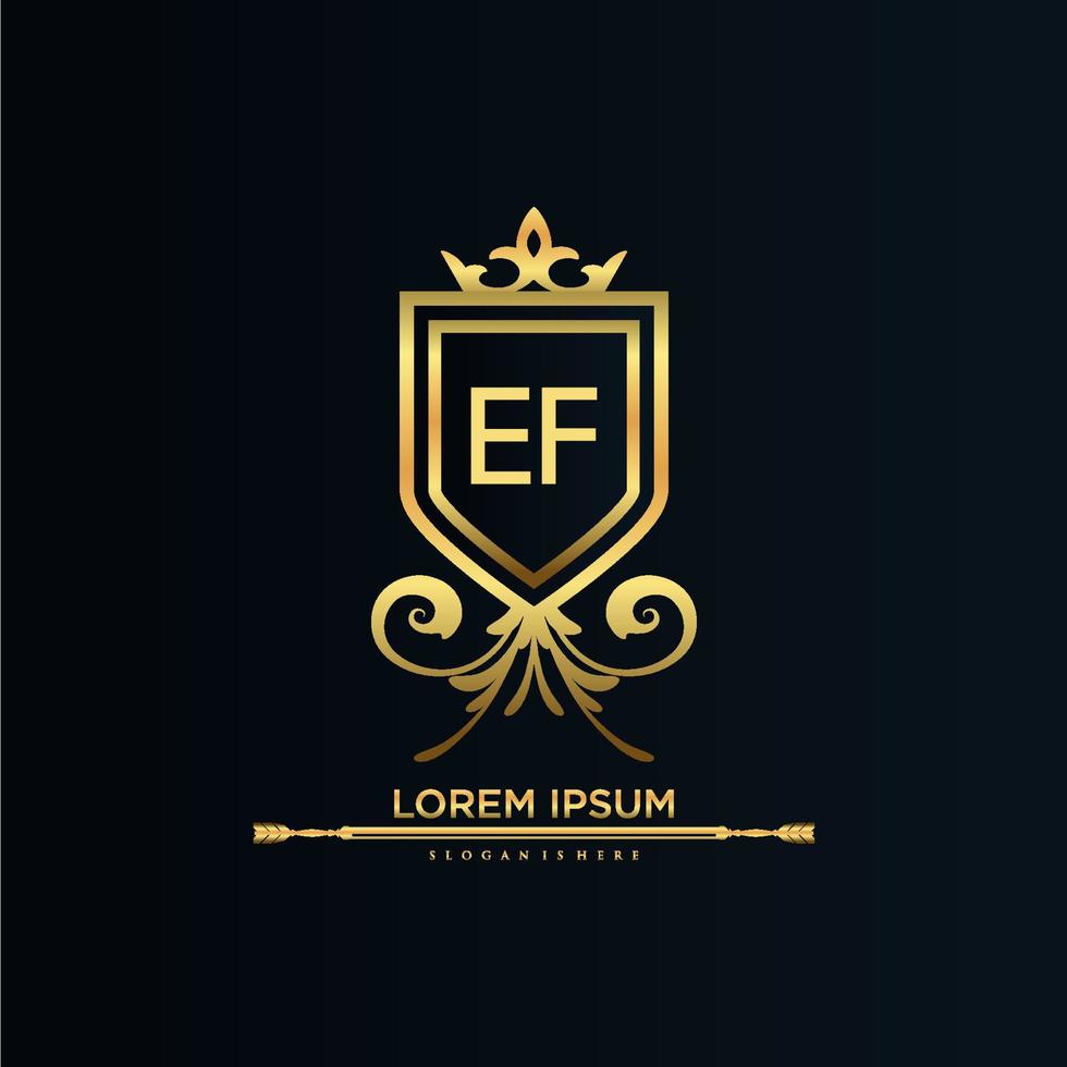 ef brief eerste met Koninklijk sjabloon.elegant met kroon logo vector, creatief belettering logo vector illustratie.