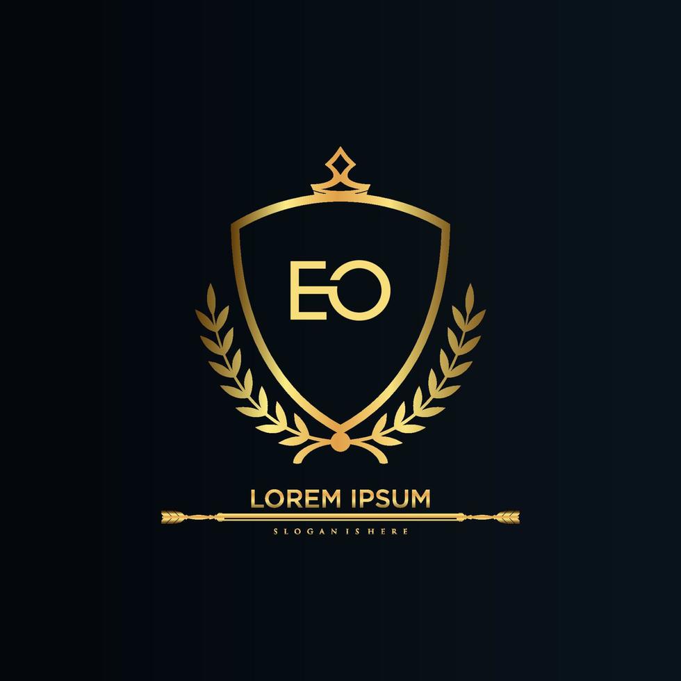 eo brief eerste met Koninklijk sjabloon.elegant met kroon logo vector, creatief belettering logo vector illustratie.