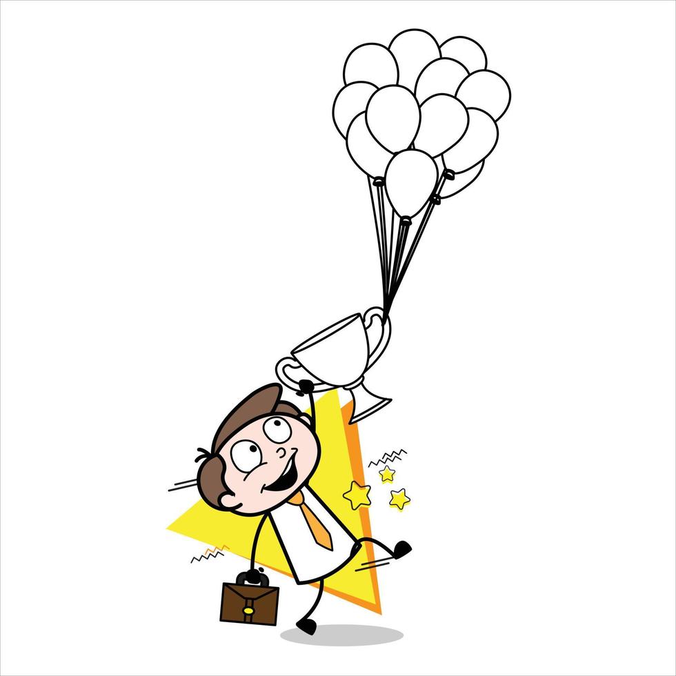 Bedrijfsmiddel van een jong zakenman tekenfilm karakter van wie trofee is gedragen weg door veel ballonnen vector