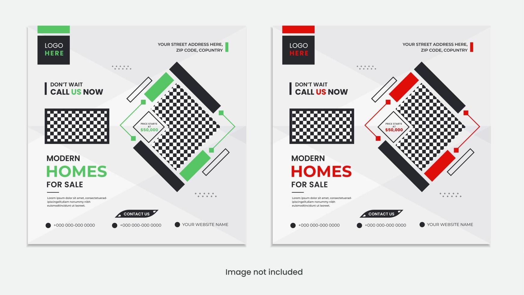 onroerend goed huis en gebouwen voor uitverkoop sociaal media post ontwerp met creatief groen en rood vormen vector