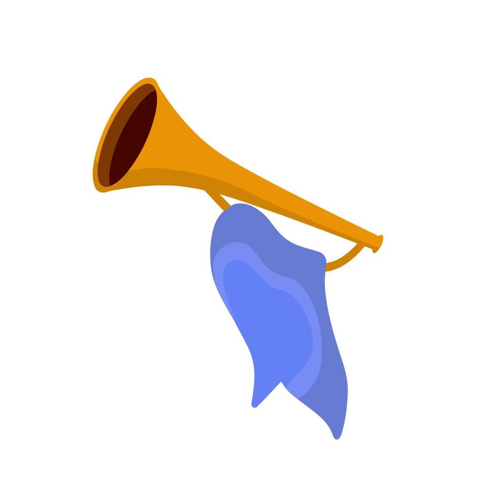 musical instrument. trompet. gouden toeter met vlag. plechtig evenement. element van viering en onderscheidingen. geluid en melodie. vlak tekenfilm illustratie vector