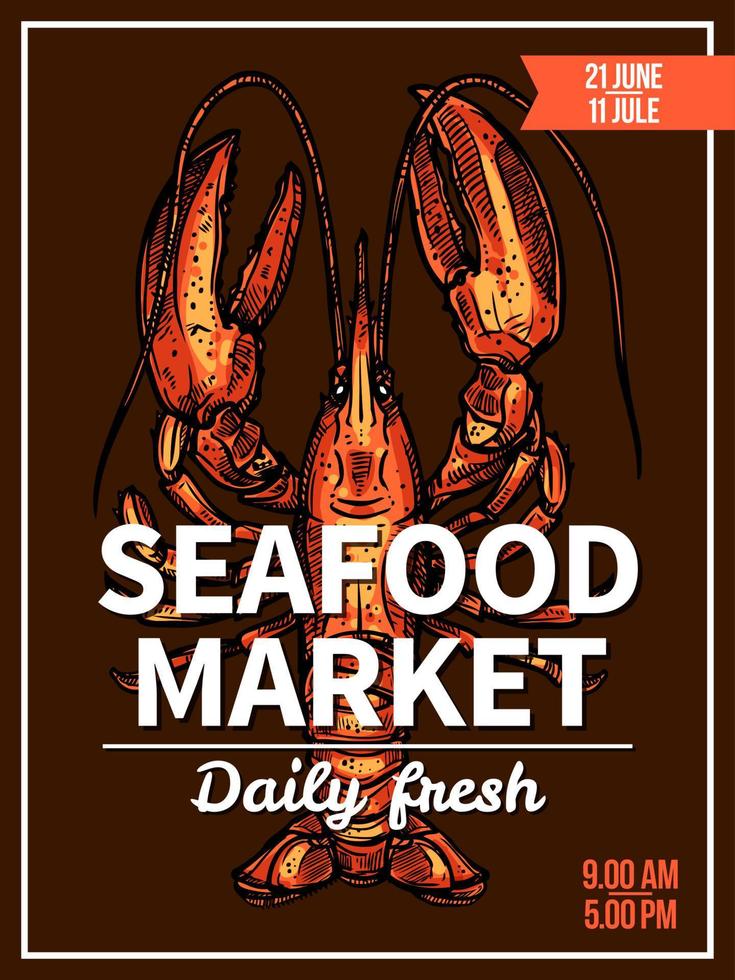 kreeft, rivierkreeft schetsen poster voor zeevruchten markt vector