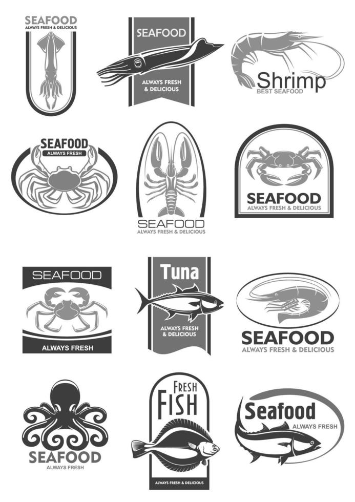 vector pictogrammen voor zeevruchten markt of vis restaurant
