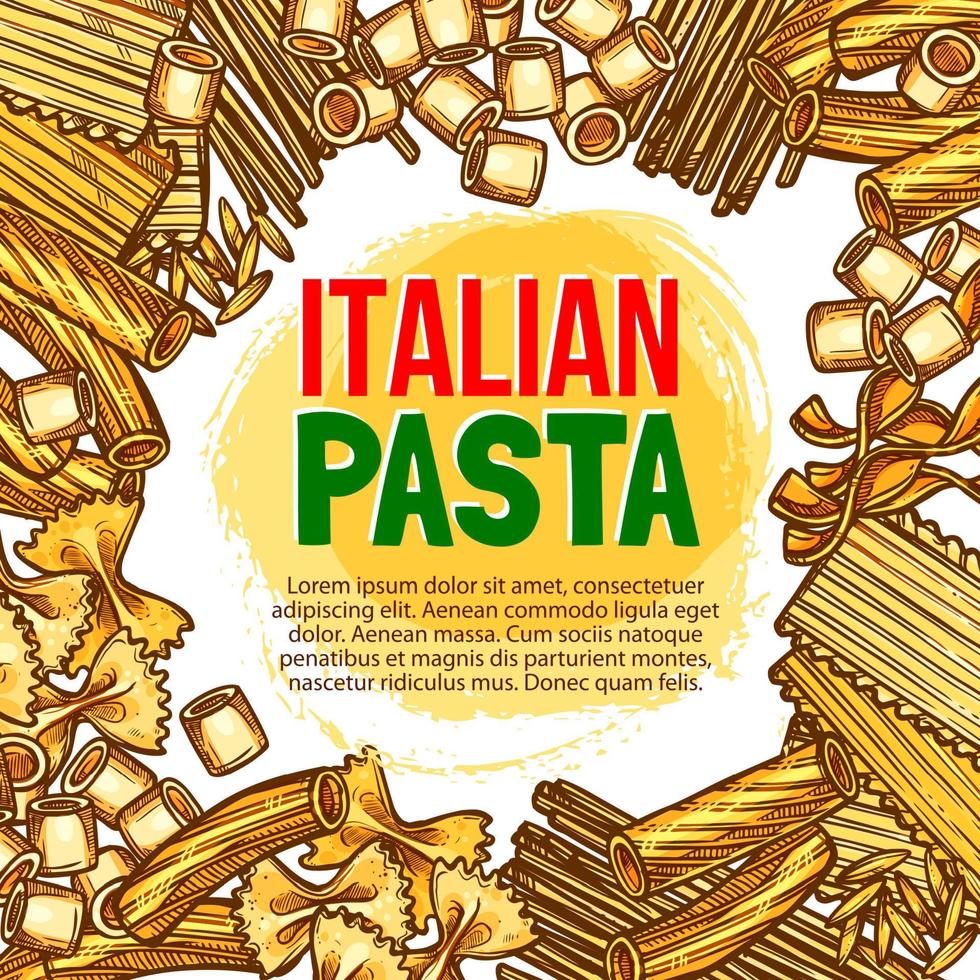 pasta en Italiaans macaroni vector schetsen poster