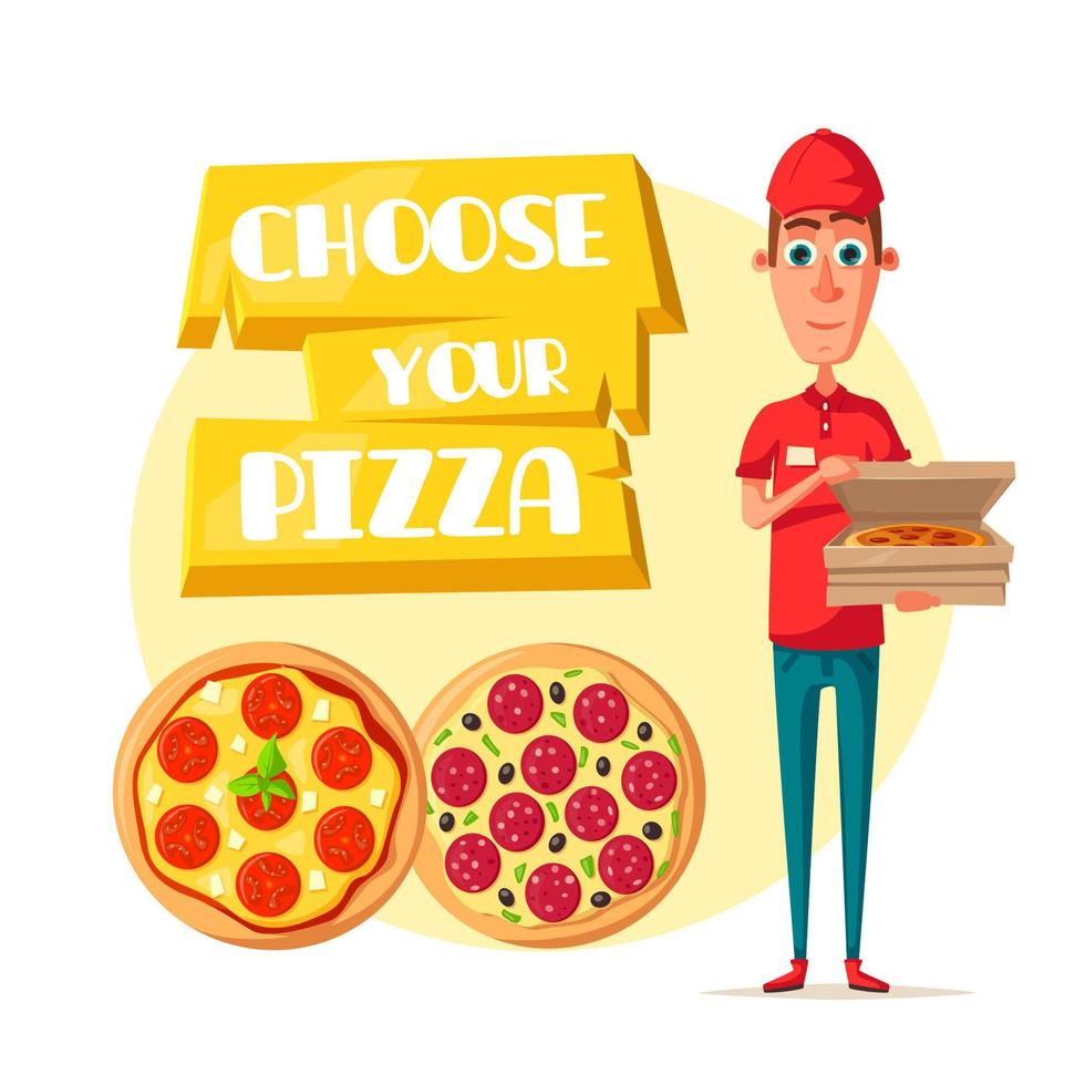 pizza levering Mens met Open doos tekenfilm icoon vector