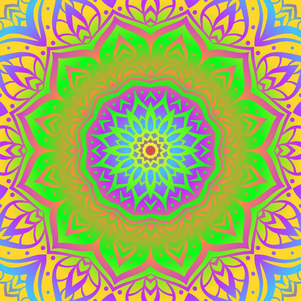 abstract kleurrijk helling mandala kunst achtergrond vector ontwerp. symmetrisch ronde trippy Boheems behang. meditatie bloem decoratie