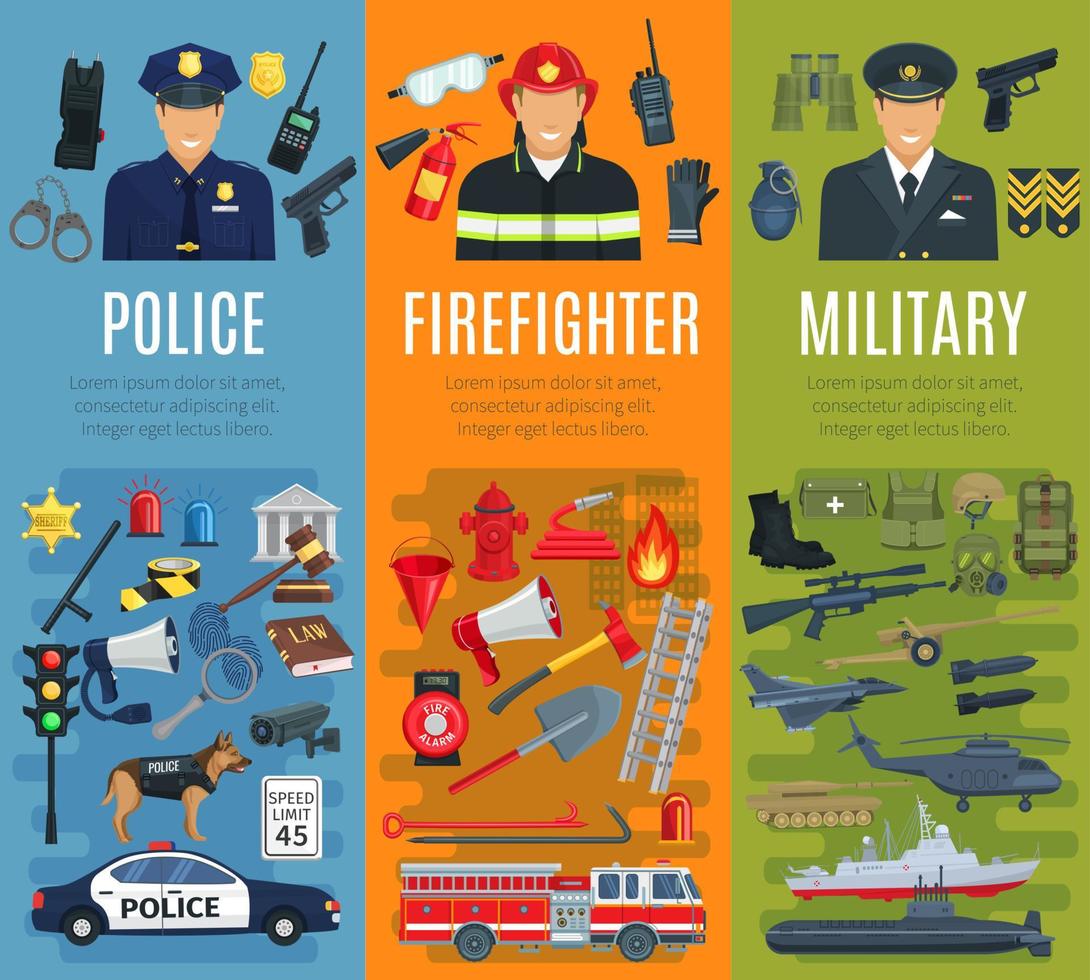 politie, brandweerman en leger beroep banier vector