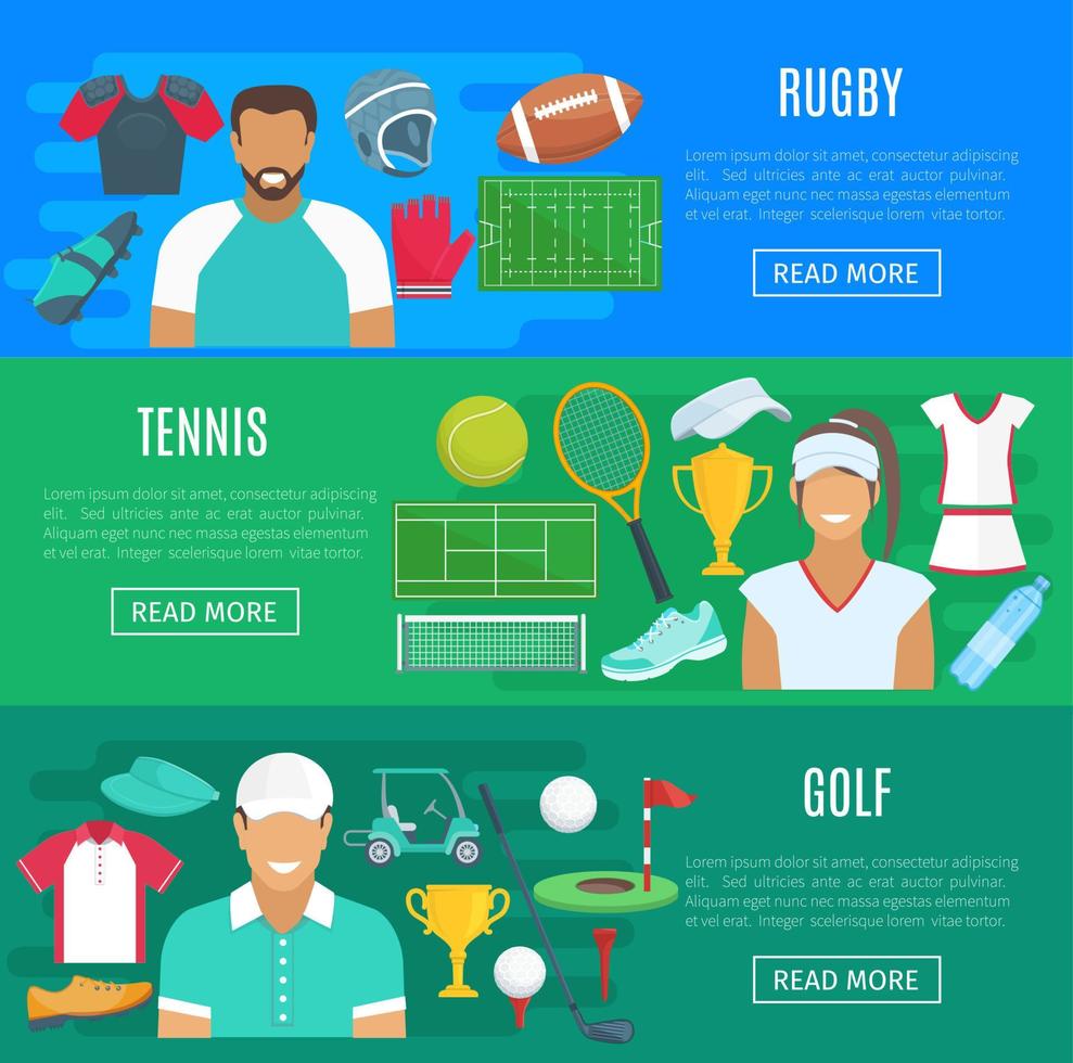 vector banners voor rugby, tennis en golf sport