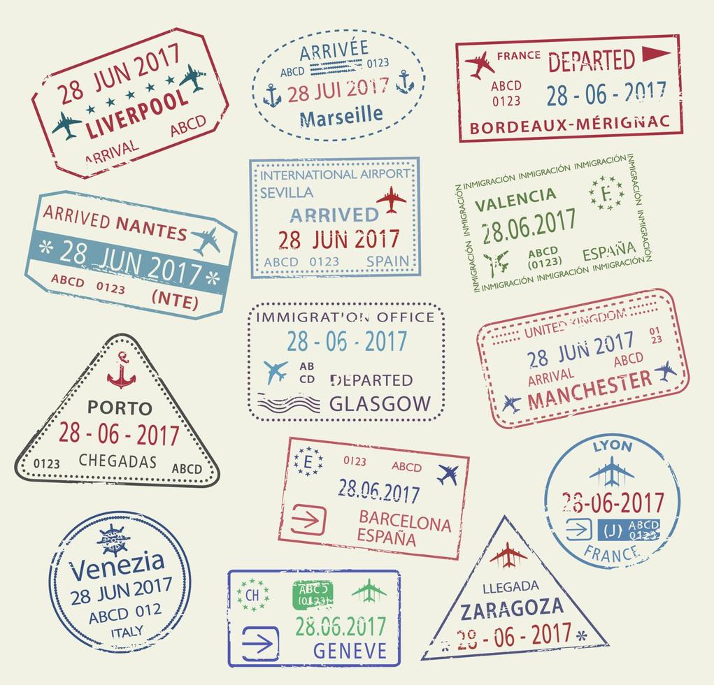 vector pictogrammen van wereld reizen stad paspoort postzegels