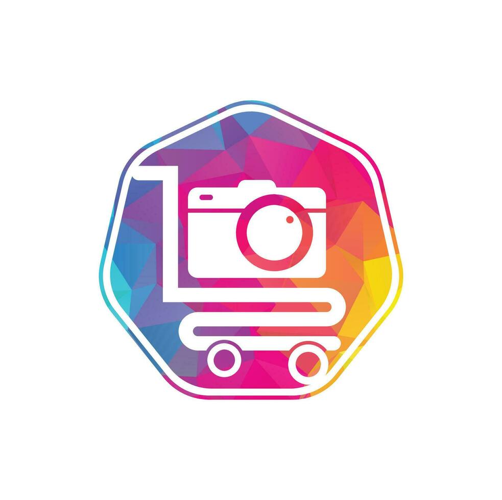 camera winkel logo vector icoon. boodschappen doen kar met camera lens logo ontwerp sjabloon.