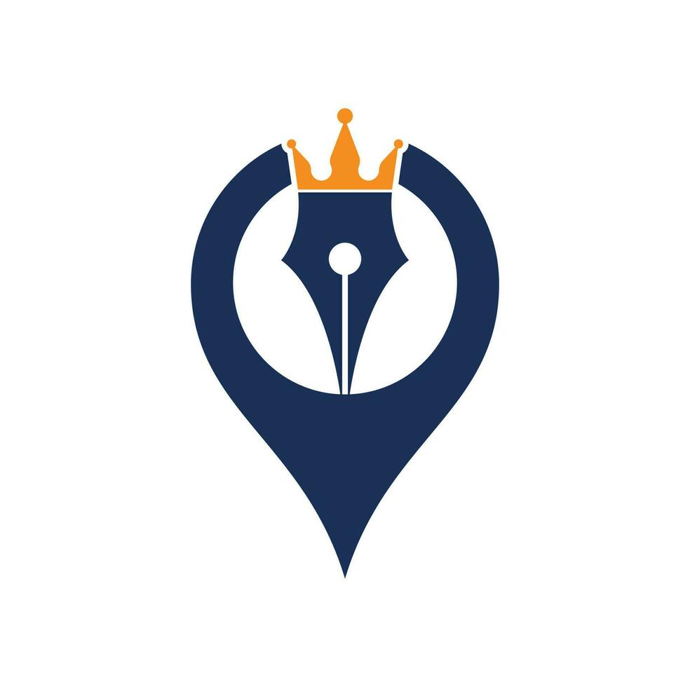 koning pen en kaart pin vorm vector logo ontwerp. Koninklijk pen kroon logo ontwerp vector sjabloon.