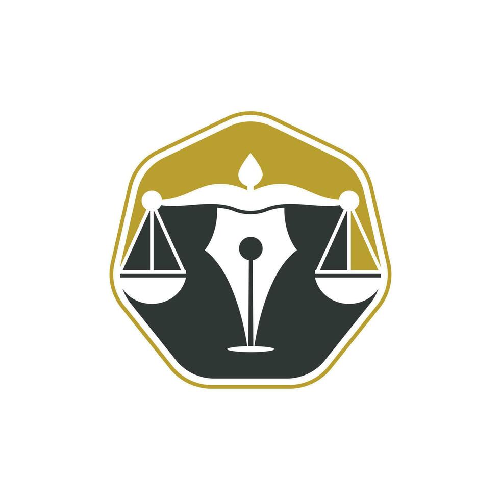pen wet firma vector logo ontwerp sjabloon. wet logo vector met gerechtelijk balans symbolisch van gerechtigheid schaal in een pen punt.