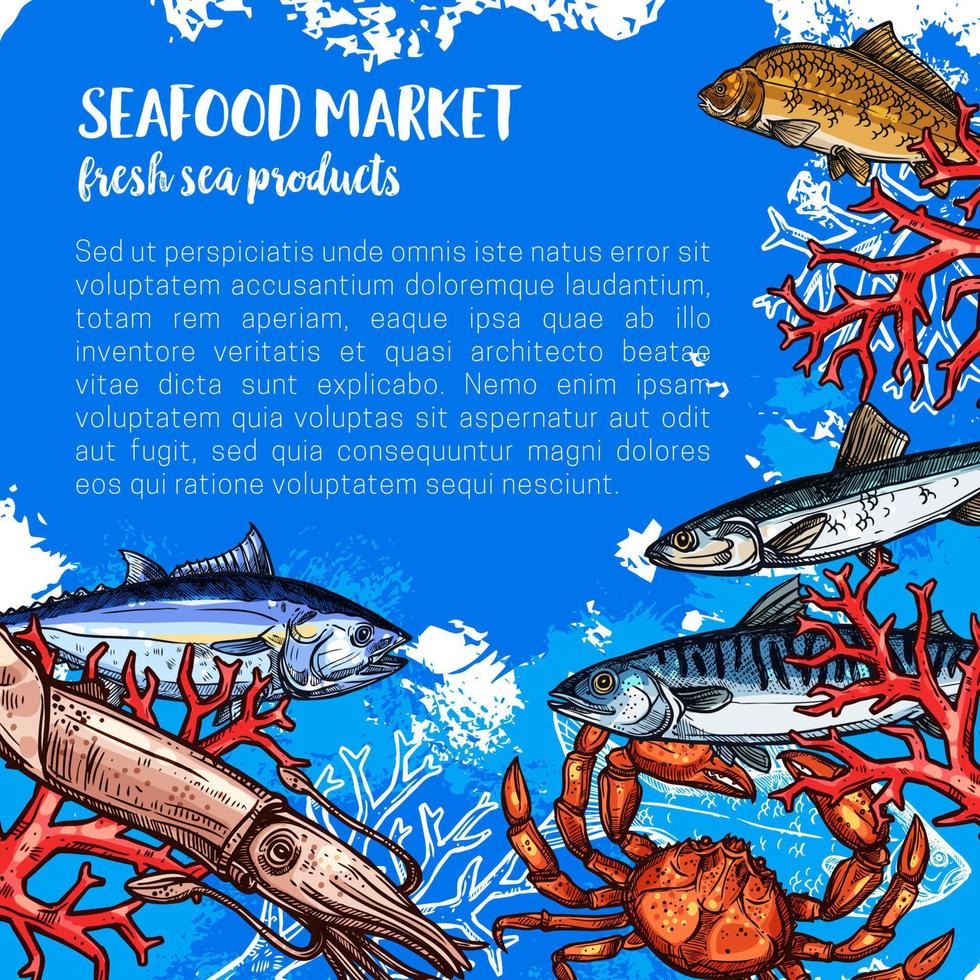 vector poster voor zeevruchten of vis voedsel markt