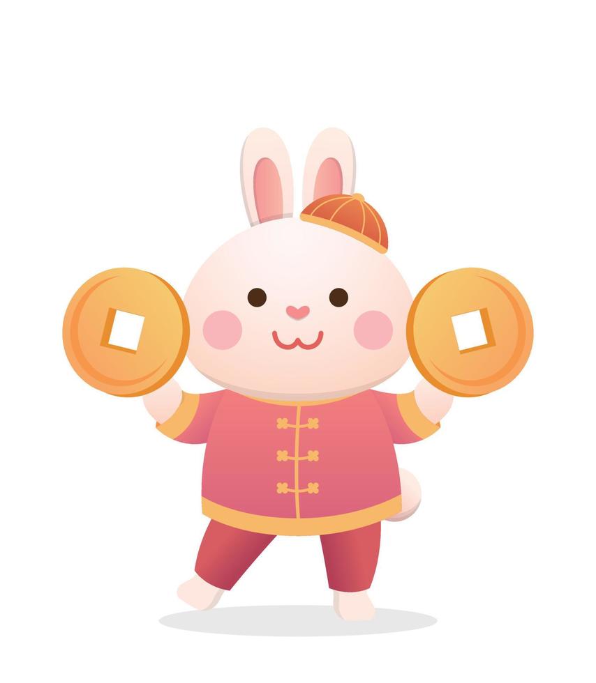 schattig konijn karakter of mascotte met goud munten, Chinese maan- nieuw jaar elementen, jaar van de konijn, vector tekenfilm stijl