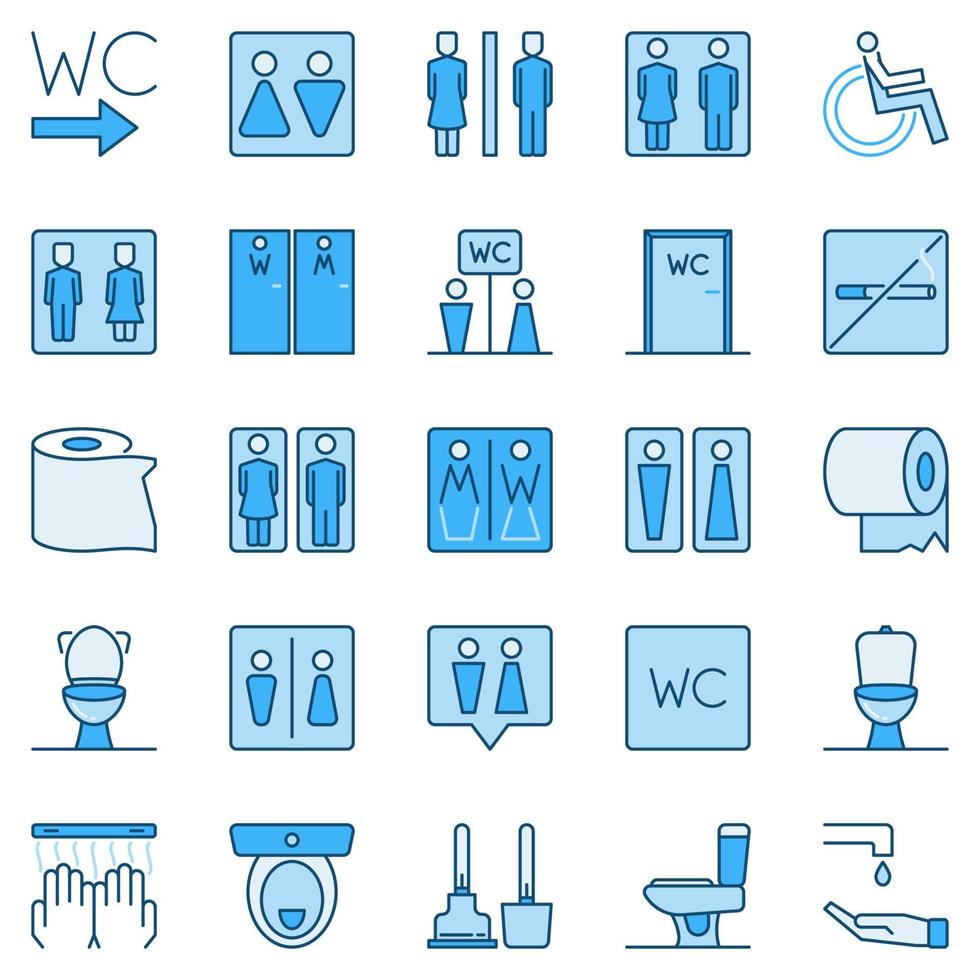 wc blauw gekleurde pictogrammen reeks - vector toilet concept tekens