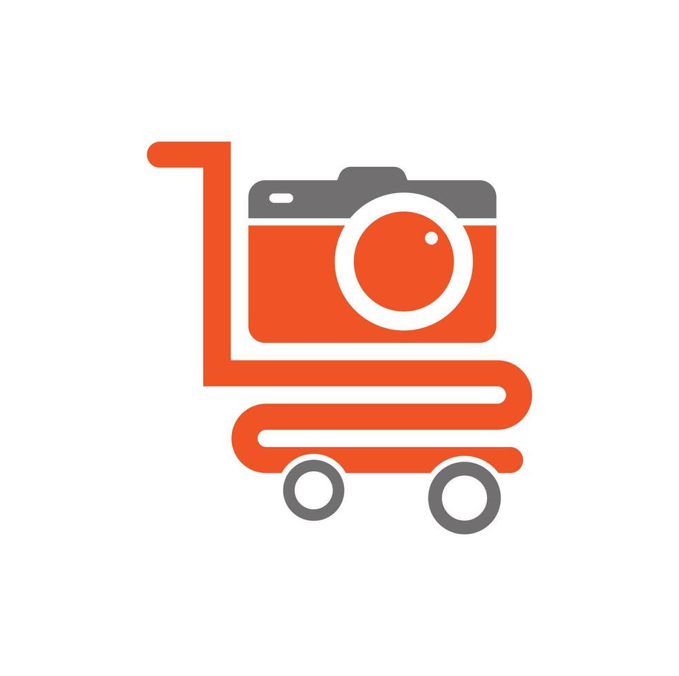 camera winkel logo vector icoon. boodschappen doen kar met camera lens logo ontwerp sjabloon.