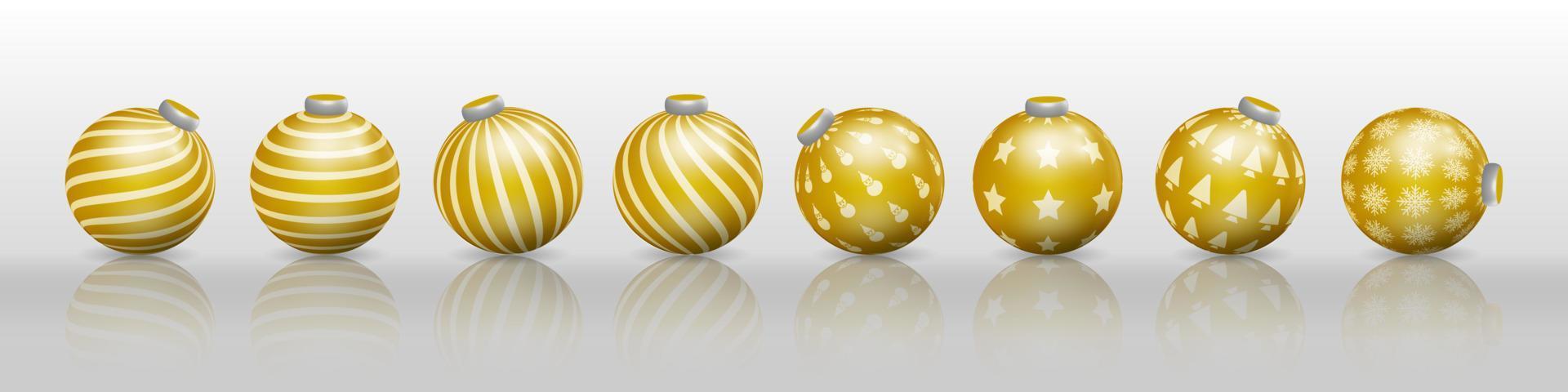 reeks van gouden Kerstmis bal decoraties, ornamenten met divers patronen vector