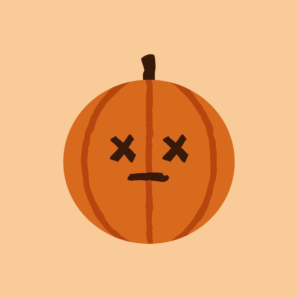 halloween pompoen dood emoticon, schattig oranje gezicht emote met doorgestreept ogen. oktober vakantie jack O lantaarn geïsoleerd vector. vector