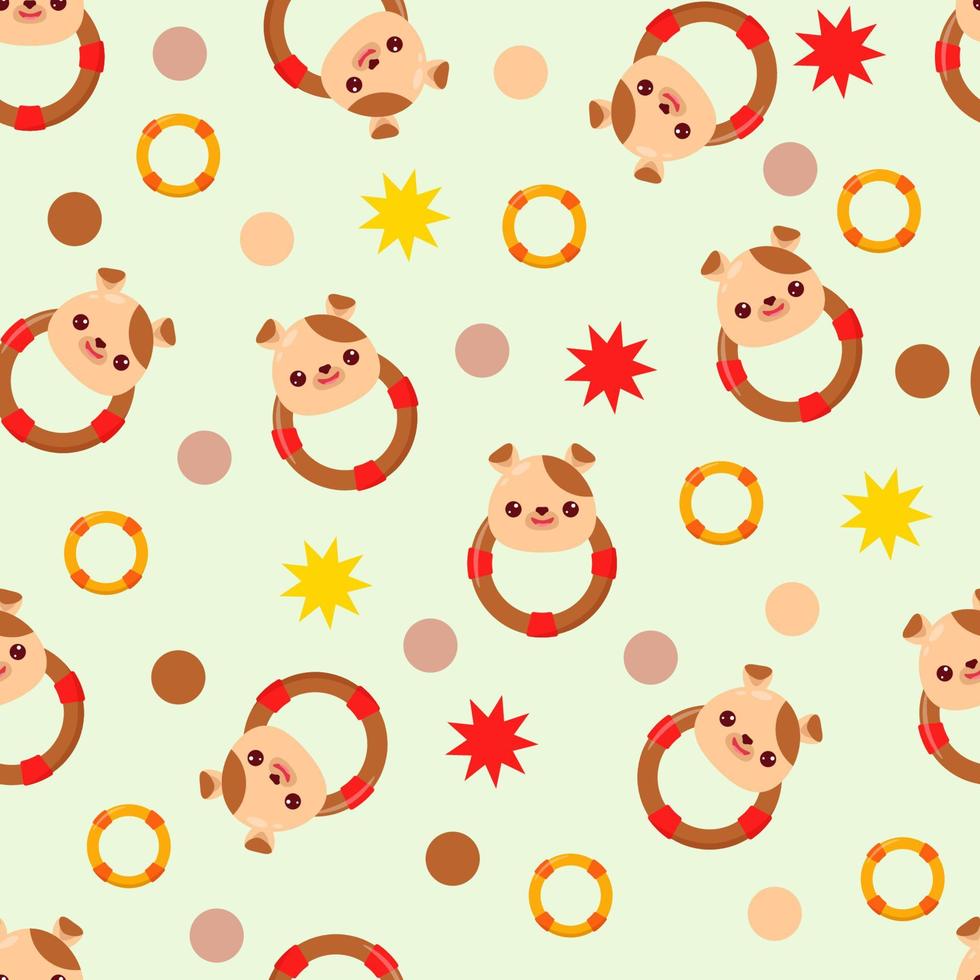 naadloos patroon met dieren Aan een groen achtergrond. een patroon met een baby rammelaar in de het formulier van een hond. kawaii dieren vector