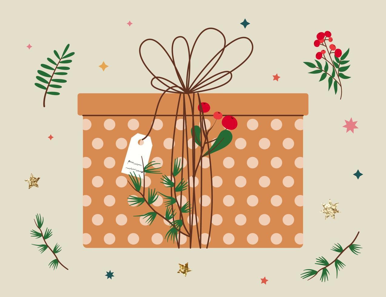 handen Holding Kerstmis geschenk in kraft papier met label en takken. Cadeau doos in ambacht omhulsel papier met boog en takken. gekleurde vlak vector illustratie geïsoleerd Aan achtergrond.