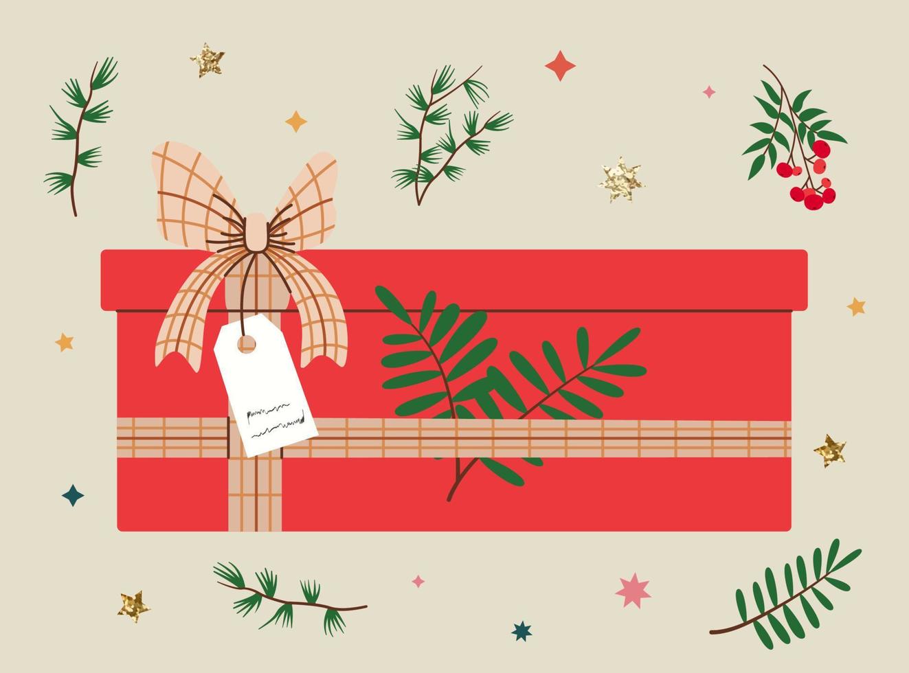 handen Holding Kerstmis geschenk in rood kraft papier met label en takken. Cadeau doos in ambacht omhulsel papier met boog en takken. gekleurde vlak vector illustratie geïsoleerd Aan achtergrond.