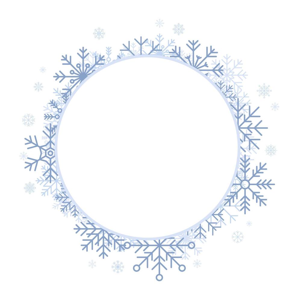 wit cirkel sneeuwvlokken nieuw jaar. winter ronde achtergrond met sneeuwvlokken. winter sneeuwvlokken achtergrond. cirkel kader. ruimte voor tekst. sneeuwvlokken achter wit leeg kader. vector illustratie