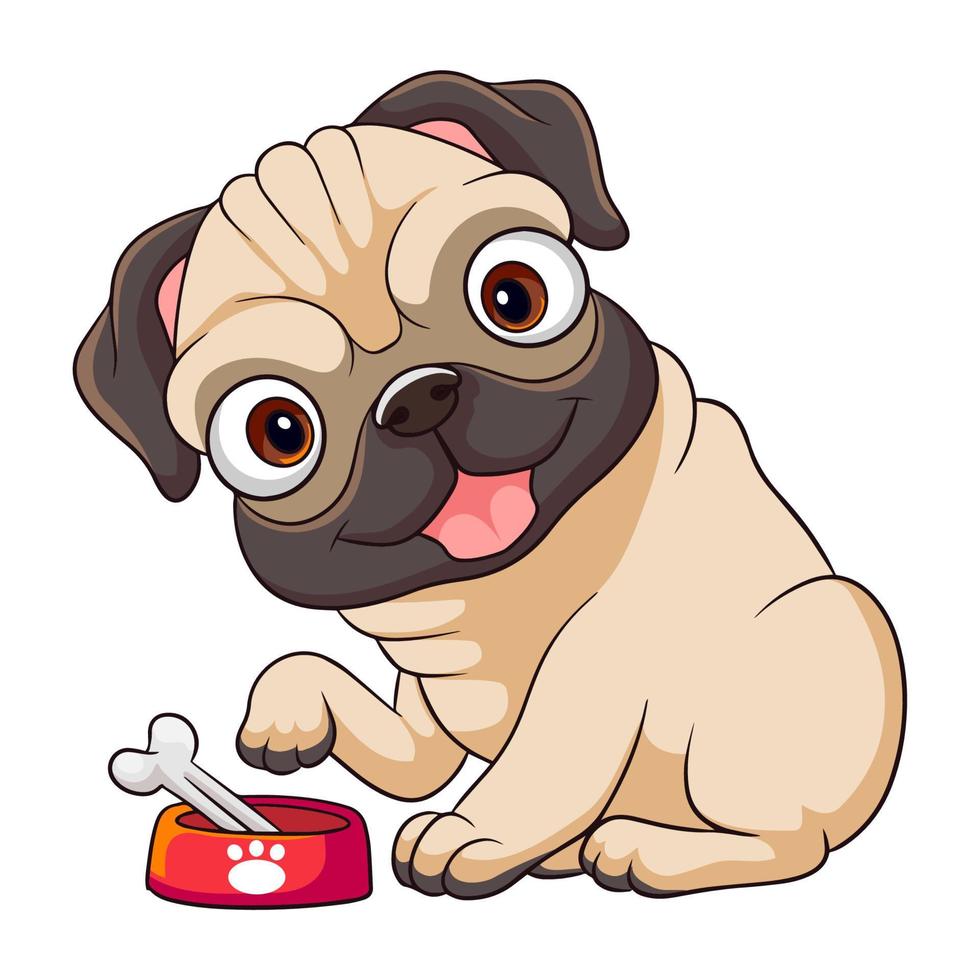 schattig tekenfilm mopshond hond aan het eten bot geïsoleerd Aan wit achtergrond vector