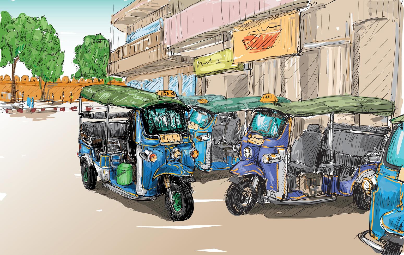 schets van een auto-riksja op de achtergrond van een stad vector