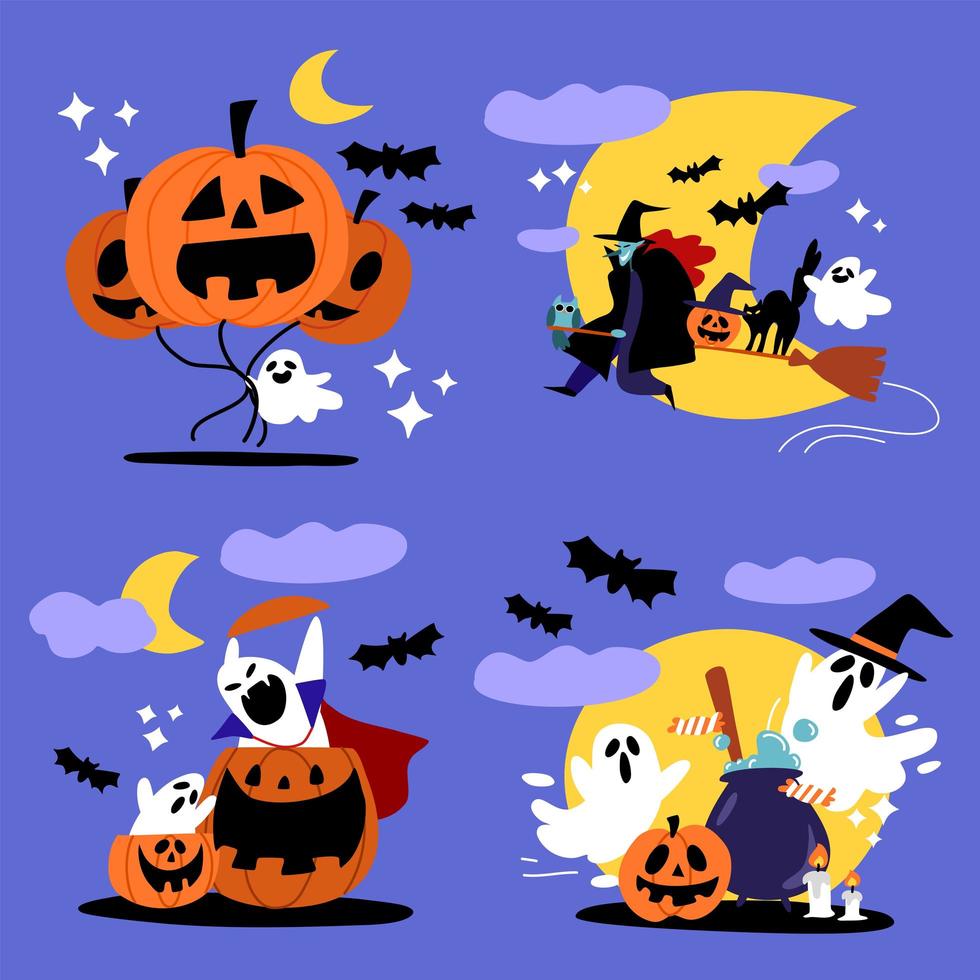 spookachtige halloween-spook en heks-tekenset vector