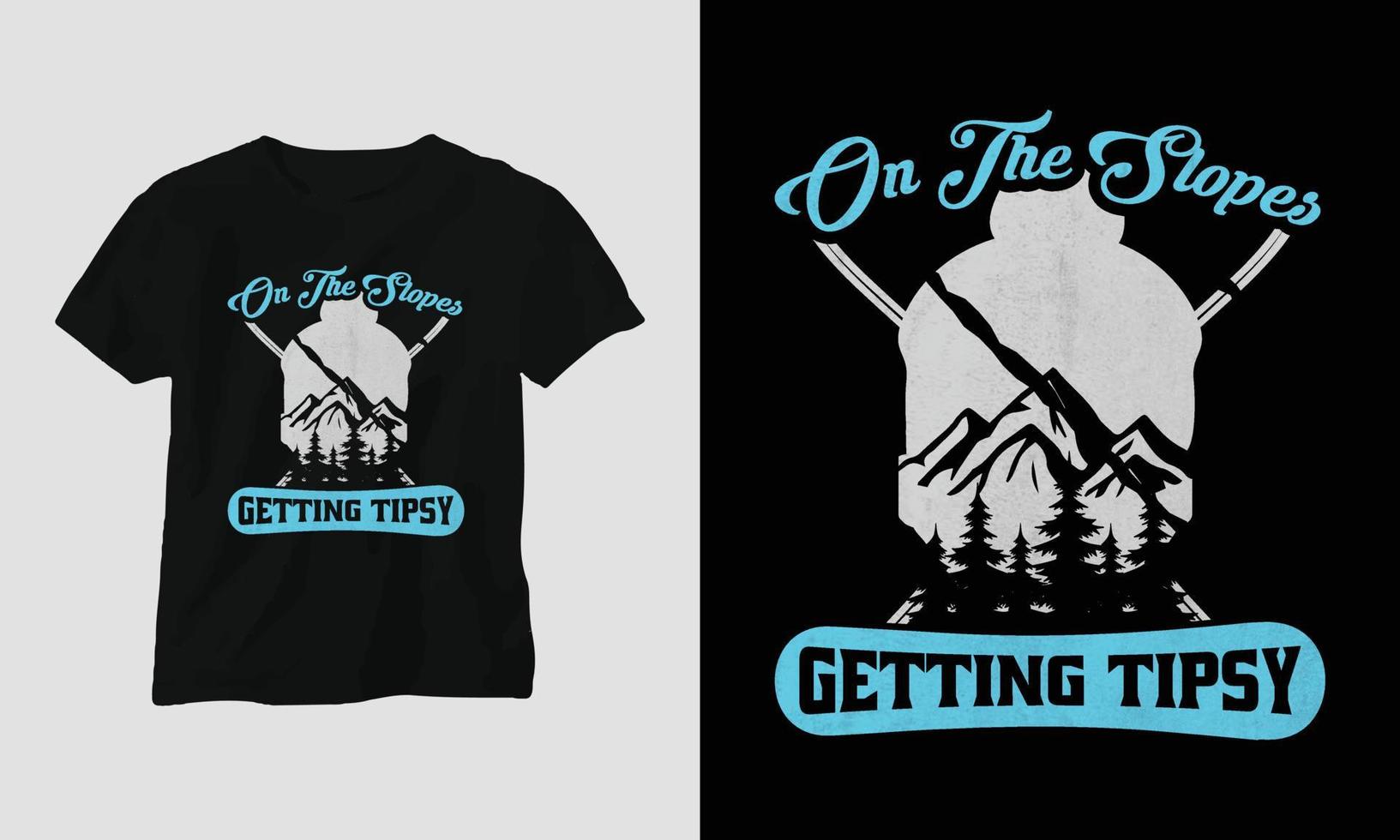 Aan de hellingen krijgen aangeschoten t-shirt ontwerp met bergen, snowboard en retro stijl vector