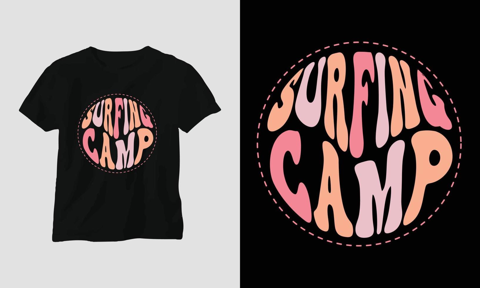 surfing kamp - surfing groovy t-shirt ontwerp retro stijl vector