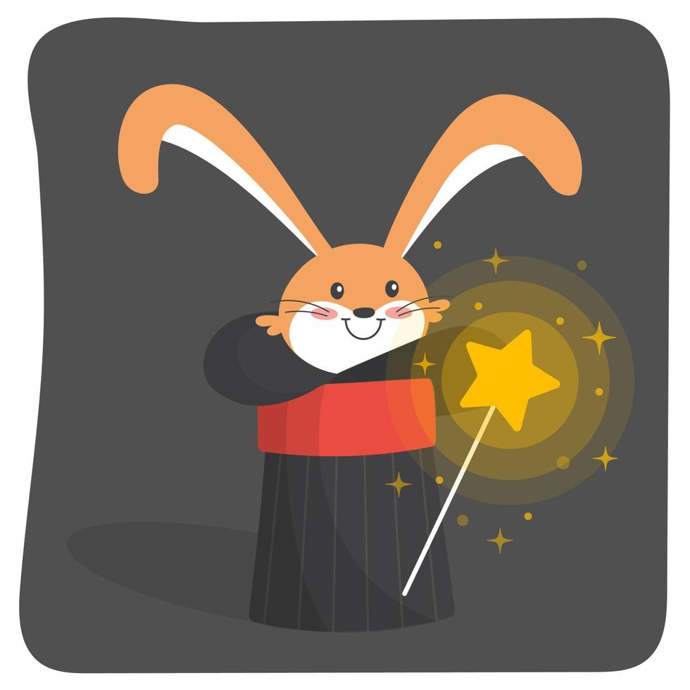 goochelaar zwart hoed met konijn. magie toverstaf en sterrenhemel. vector vlak illustratie in tekenfilm stijl.