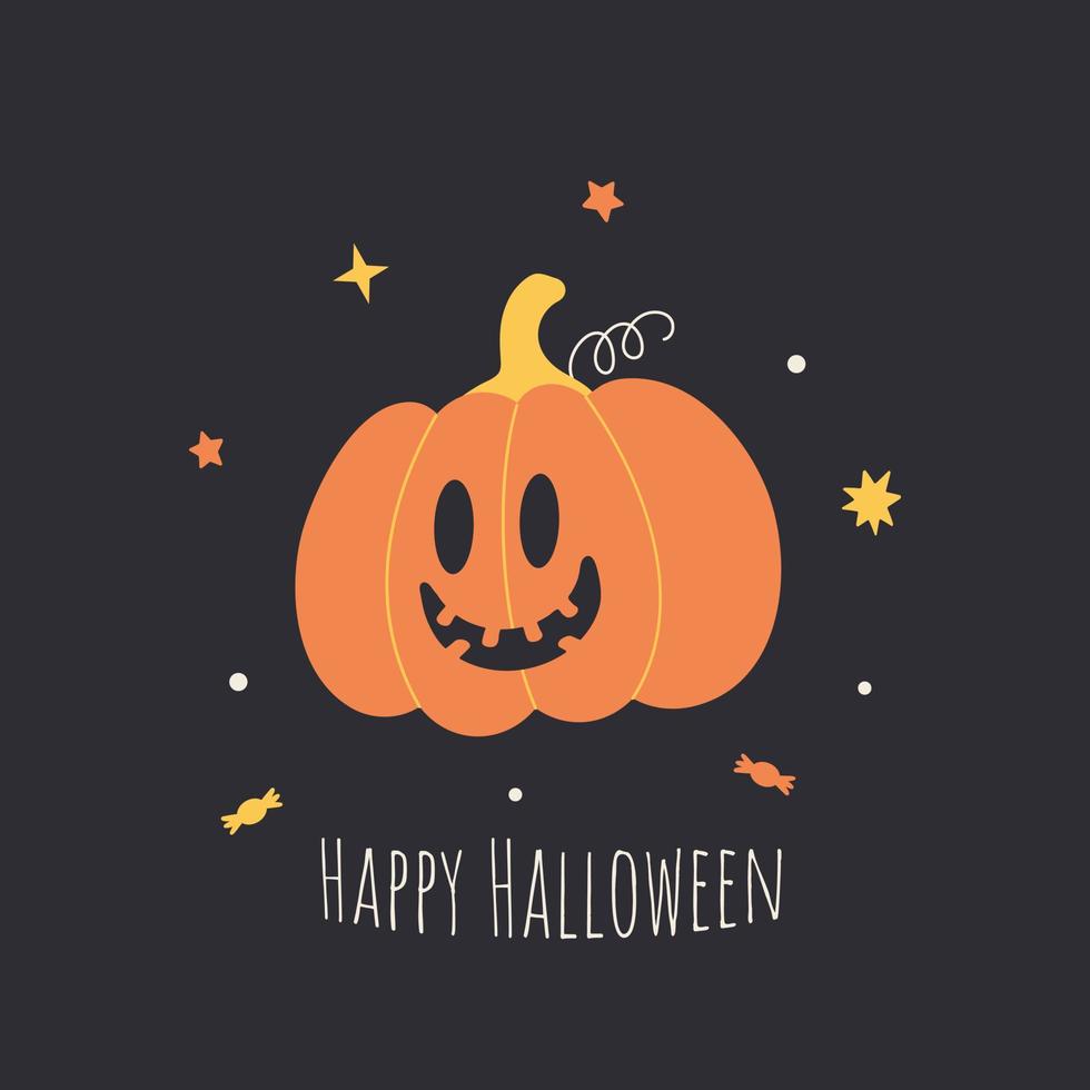 schattig wijnoogst halloween groet kaart met grappig pompoen karakter, jack O lantaarn. retro stijl. traditioneel zwart en oranje kleuren. vector