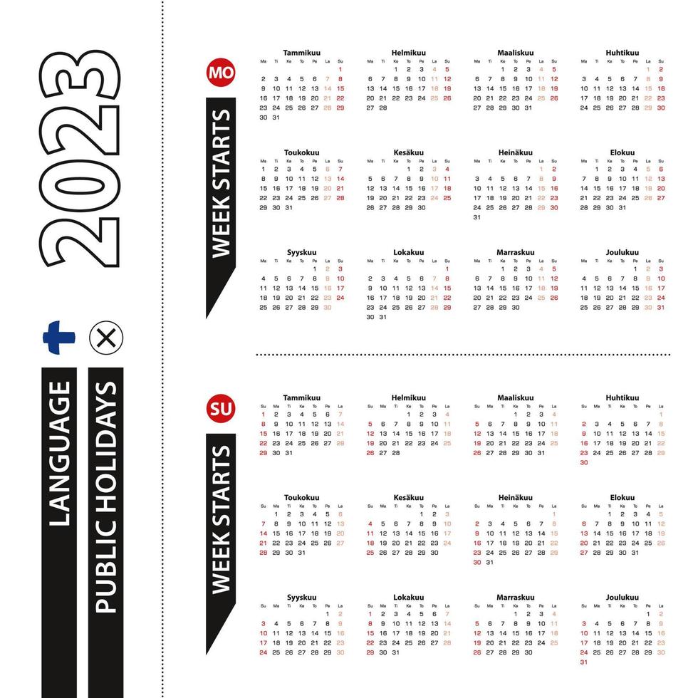 twee versies van 2023 kalender in Fins, week begint van maandag en week begint van zondag. vector