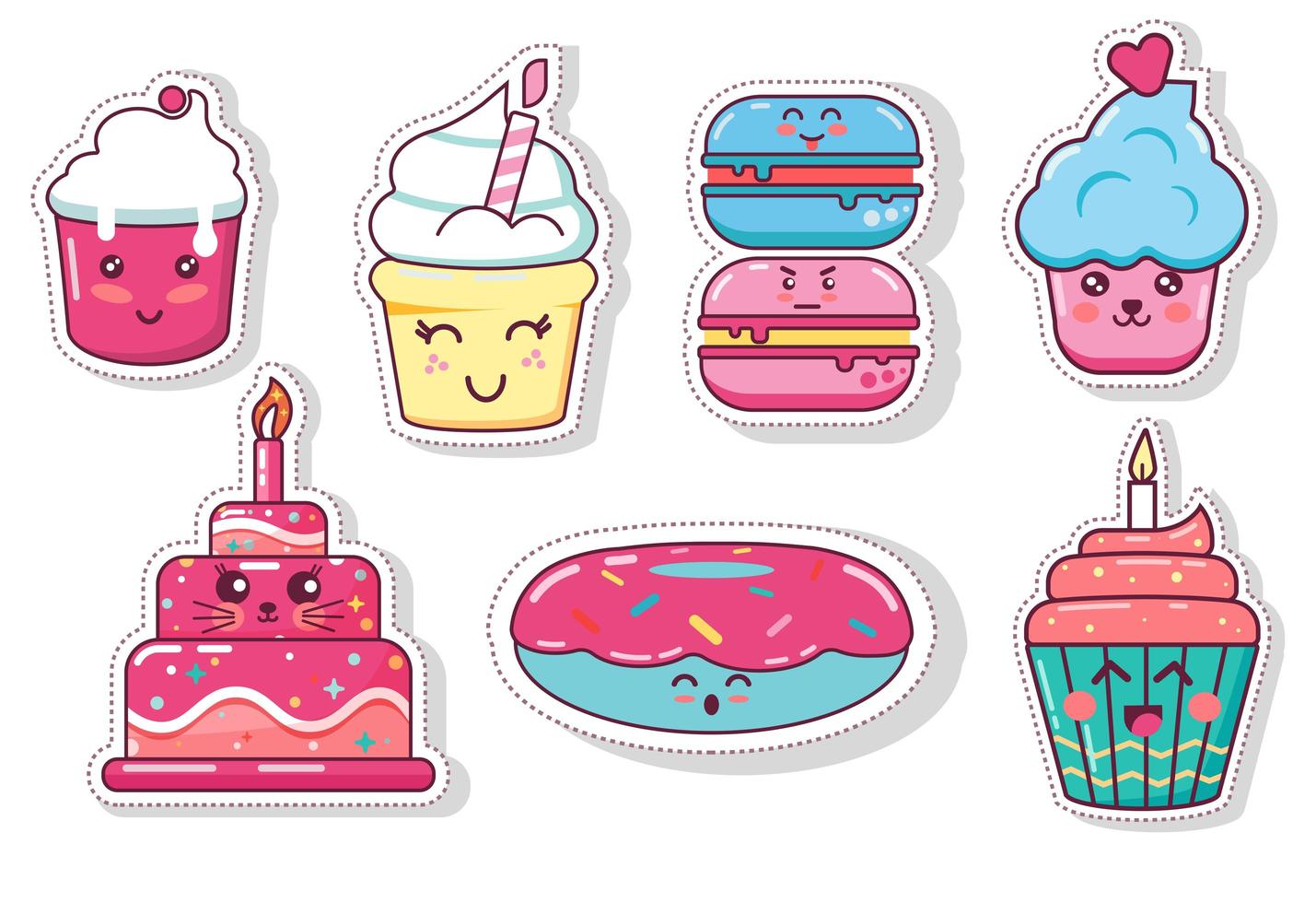 set van leuke kawaii bakkerij eten desserts stickers vector