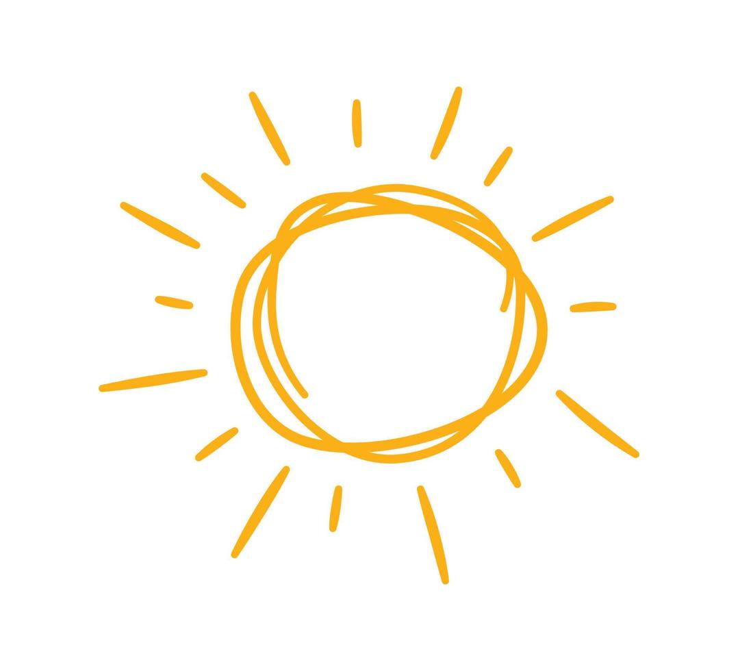 tekening kinderachtig zon icoon. kattebelletje geel zon met stralen symbool. tekening kinderen tekening. hand- getrokken uitbarsting. heet weer teken. vector illustratie geïsoleerd Aan wit achtergrond