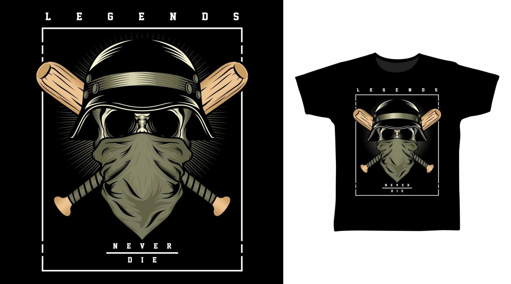 schedel hoofd met helm en hout vleermuizen vector illustratie t-shirt ontwerp concept.