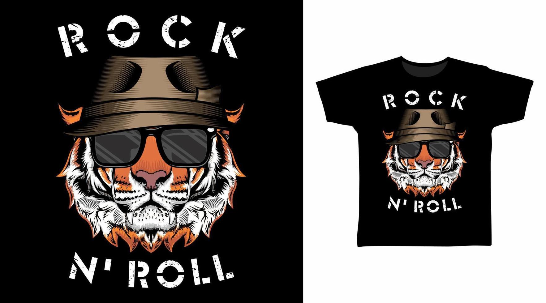 tijger hoofd rots n' rollen met hoed vector illustratie t-shirt ontwerp concept.